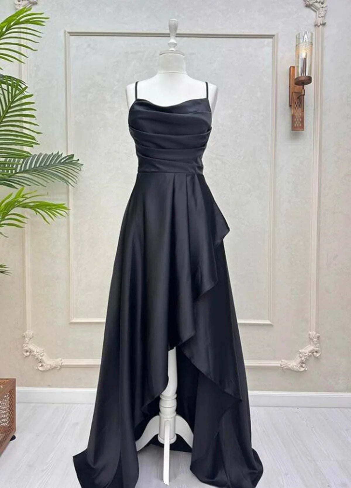 Beaira Black Soft Satin High Low Party Dress Black Straps Homecoming Dress prom dresses with long sleeves