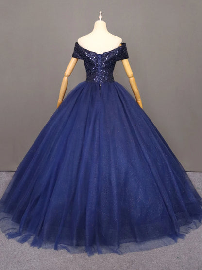 Beaira Navy Blue Tulle Sequins Off Shoulder Party Dress Blue Beaded Sweet 16 Dress prom dresses with long sleeves