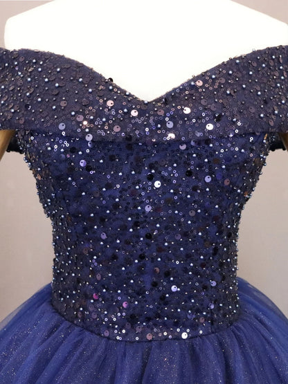 Beaira Navy Blue Tulle Sequins Off Shoulder Party Dress Blue Beaded Sweet 16 Dress prom dresses with long sleeves