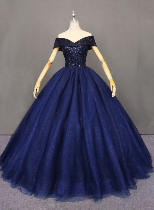 Beaira Navy Blue Tulle Sequins Off Shoulder Party Dress Blue Beaded Sweet 16 Dress prom dresses with long sleeves