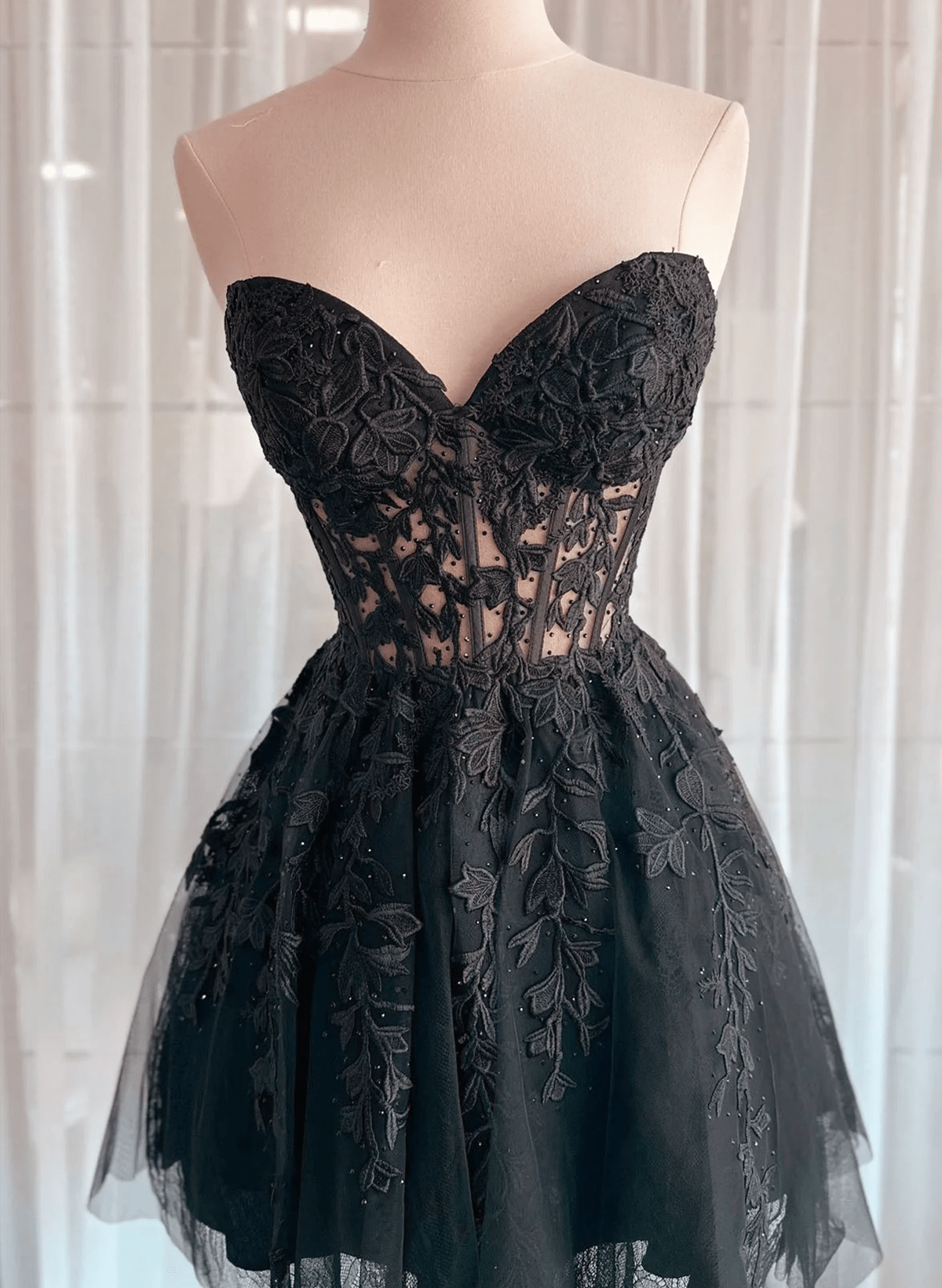 Beaira Black Tulle with Lace Sweetheart Homecoming Dress Black Short Prom Dress prom dresses with long sleeves