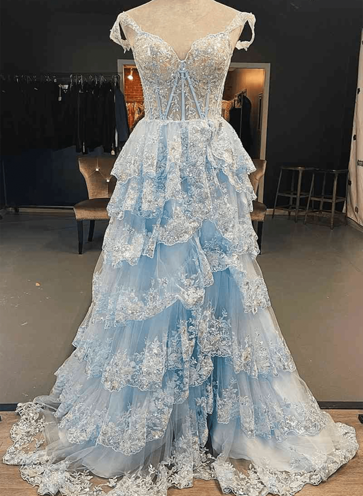 Beaira Light Blue Lace Tiered Tulle Long Formal Dress Light Blue Prom Dress prom dresses with long sleeves