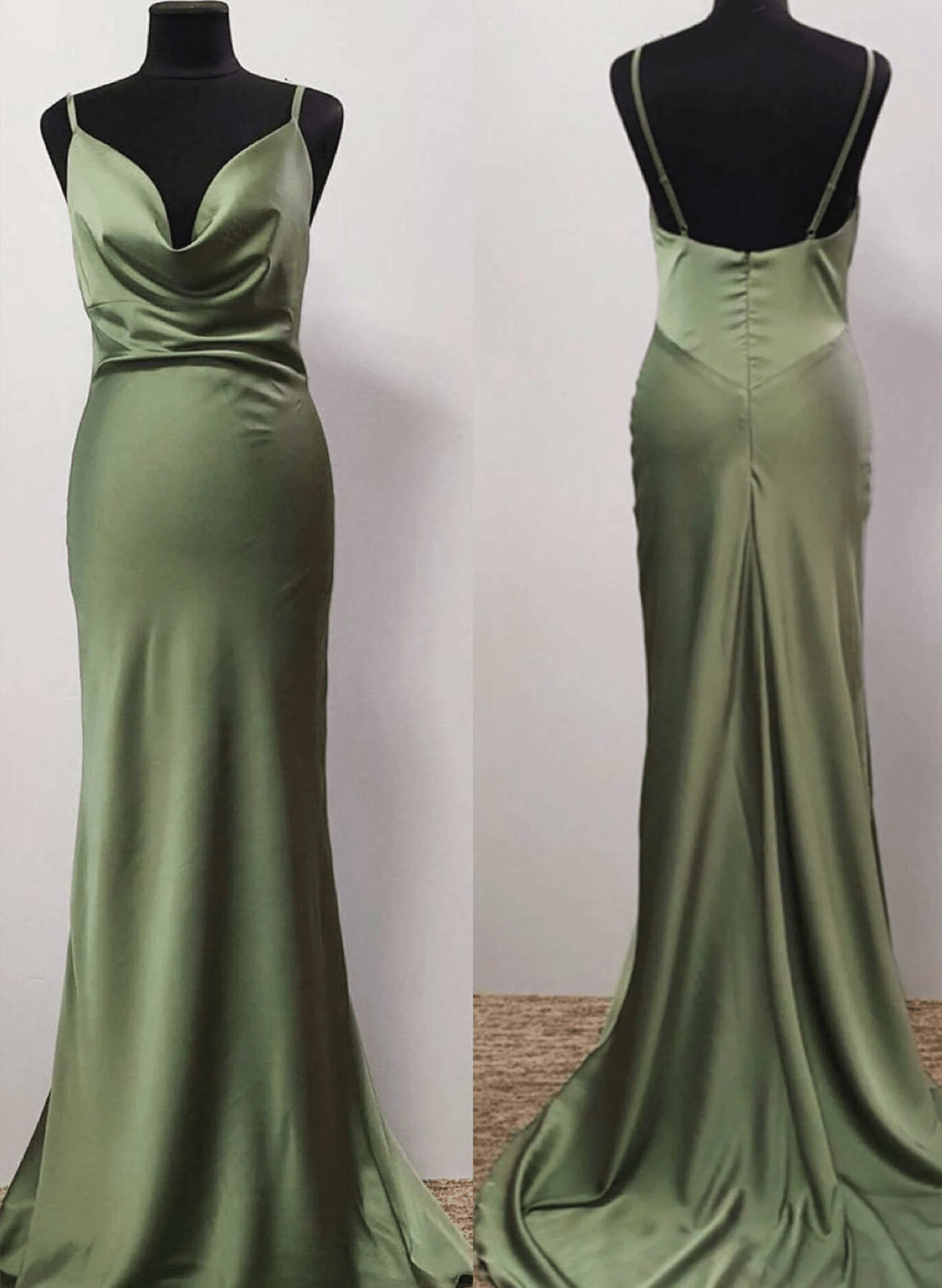 Beaira Green Cowl Neck Trump Long Prom Dress Green Satin Long Party Dress prom dresses with long sleeves