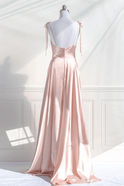 Beaira Pink Straps Low Back Long Prom Dress Pink Satin A-line Party Dress prom dresses with long sleeves