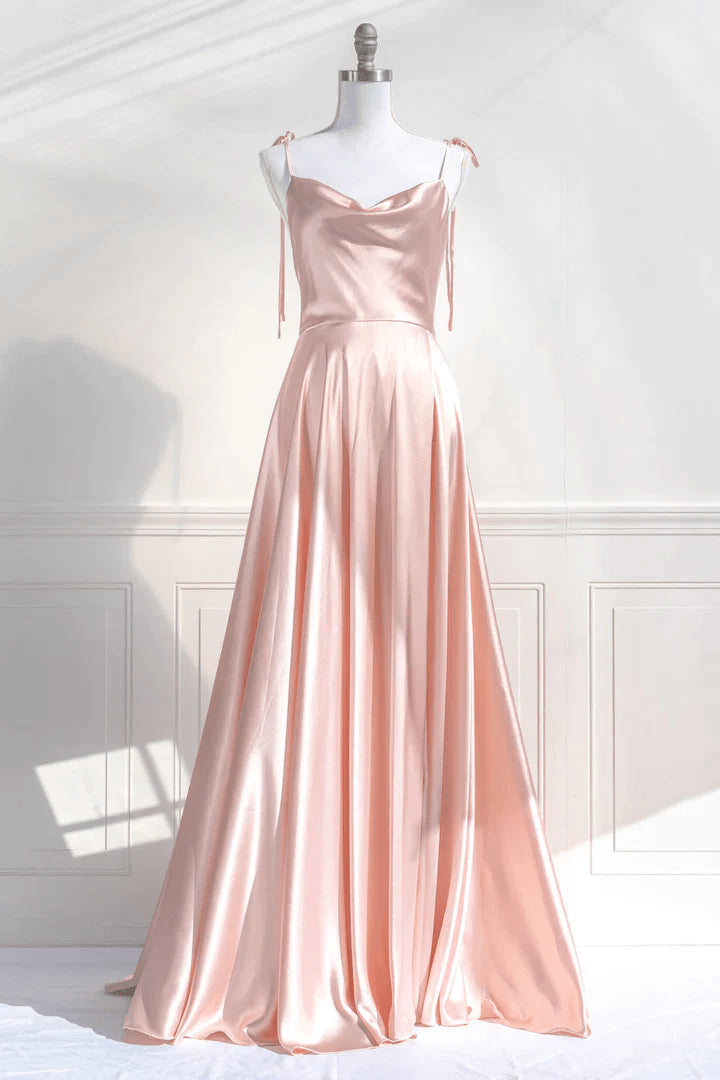 Beaira Pink Straps Low Back Long Prom Dress Pink Satin A-line Party Dress prom dresses with long sleeves