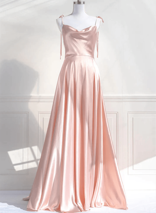 Beaira Pink Straps Low Back Long Prom Dress Pink Satin A-line Party Dress prom dresses with long sleeves