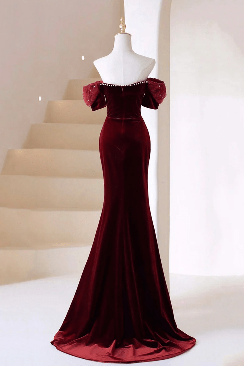 Beaira Wine Red Velvet Off Shoulder Party Dress Wine Red Mermaid Prom Dress prom dresses with long sleeves