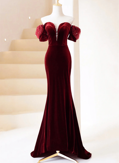 Beaira Wine Red Velvet Off Shoulder Party Dress Wine Red Mermaid Prom Dress prom dresses with long sleeves