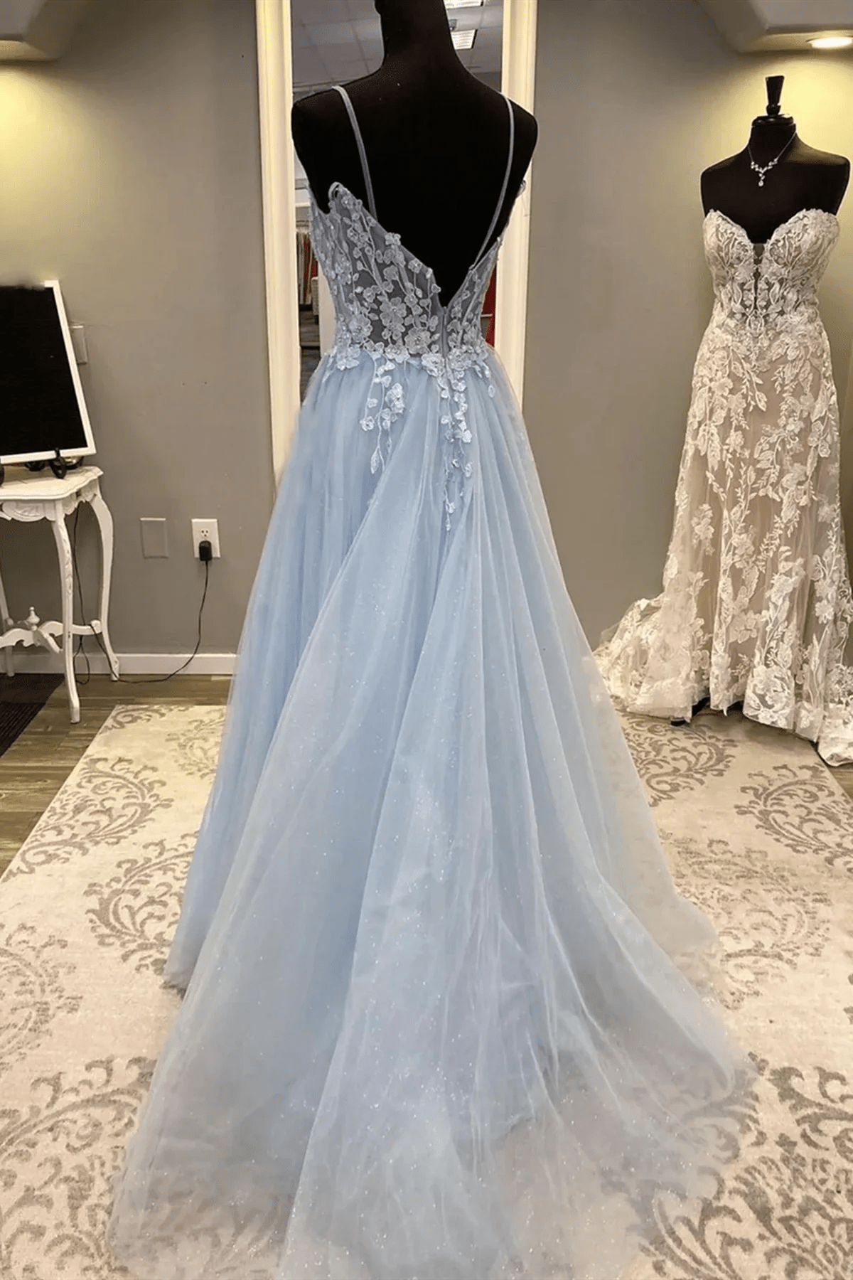 Beaira Light Blue A-line Tulle with Lace Applique Prom Dress Blue Formal Dress prom dresses stores