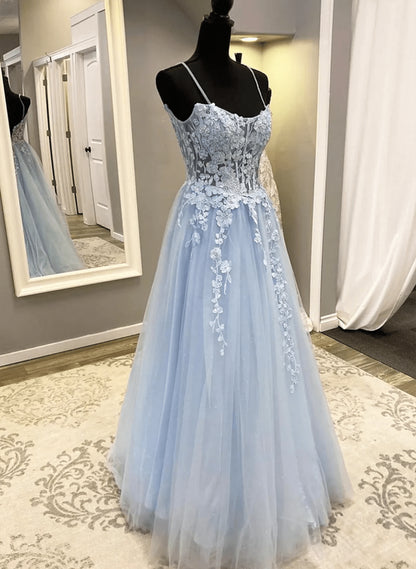 Beaira Light Blue A-line Tulle with Lace Applique Prom Dress Blue Formal Dress prom dresses stores