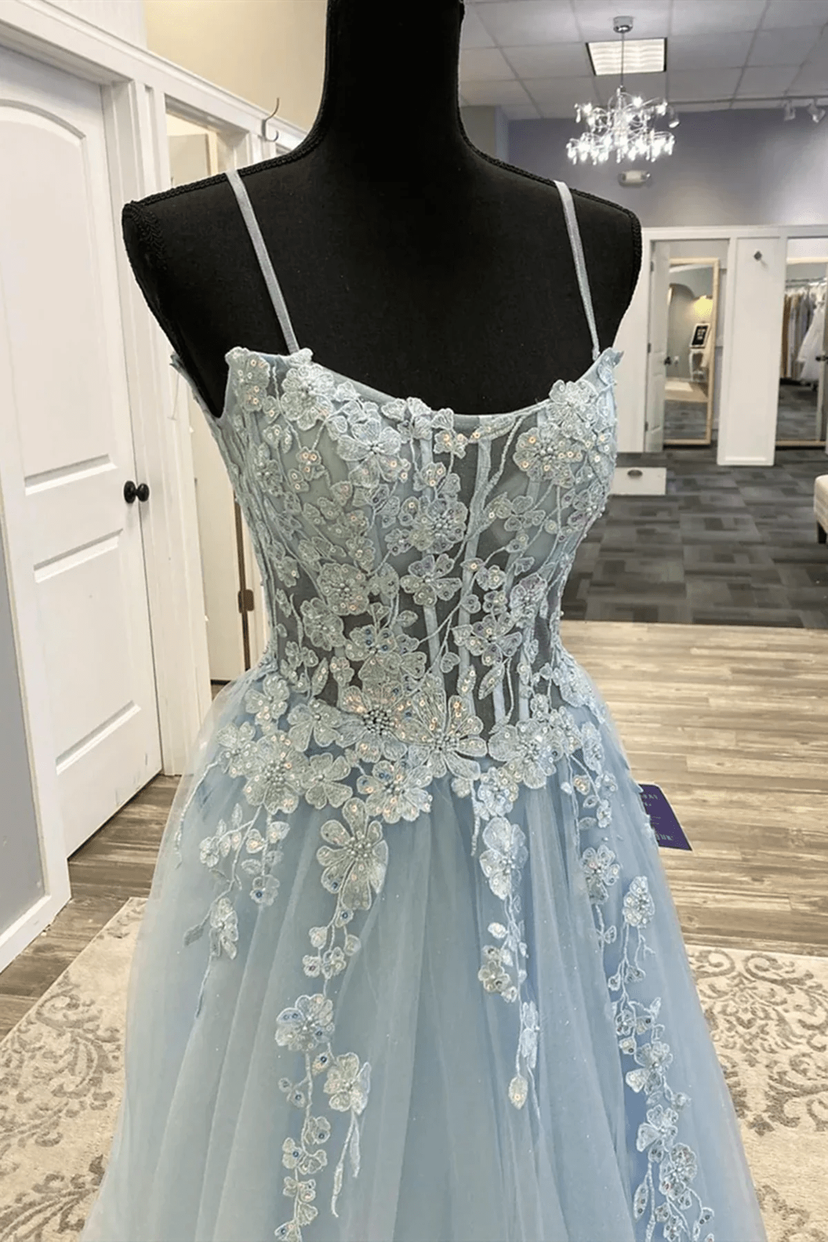 Beaira Light Blue A-line Tulle with Lace Applique Prom Dress Blue Formal Dress prom dresses stores