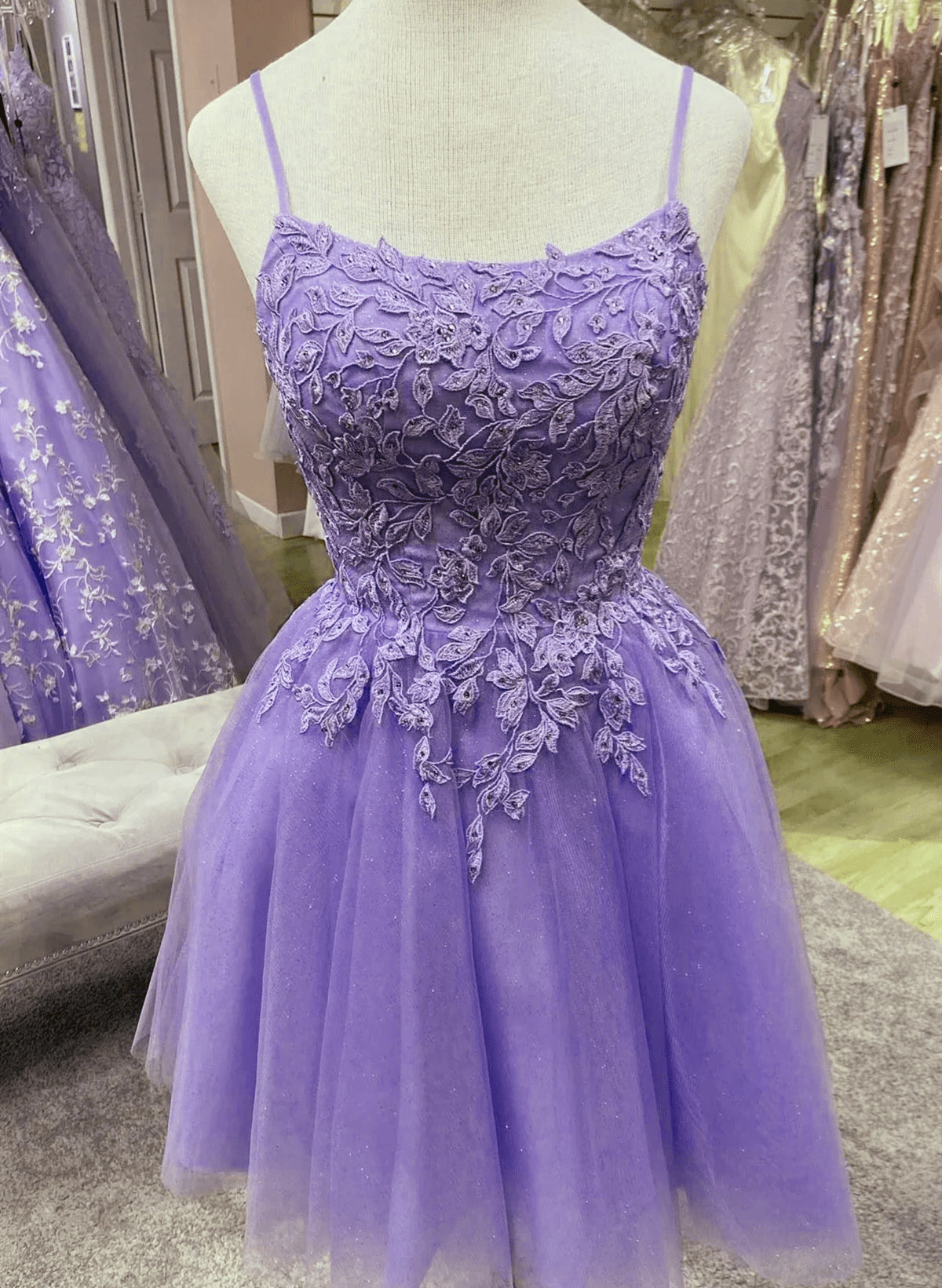 Beaira Light Purple Straps Tulle with Lace Party Dress Light Purple Homecoming Dress prom dresses stores