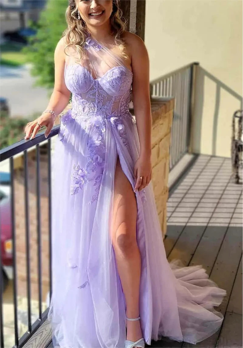 Beaira Lavender Tulle One Shoulder Party Dress with Lace Lavender Long Prom Dress prom dresses stores