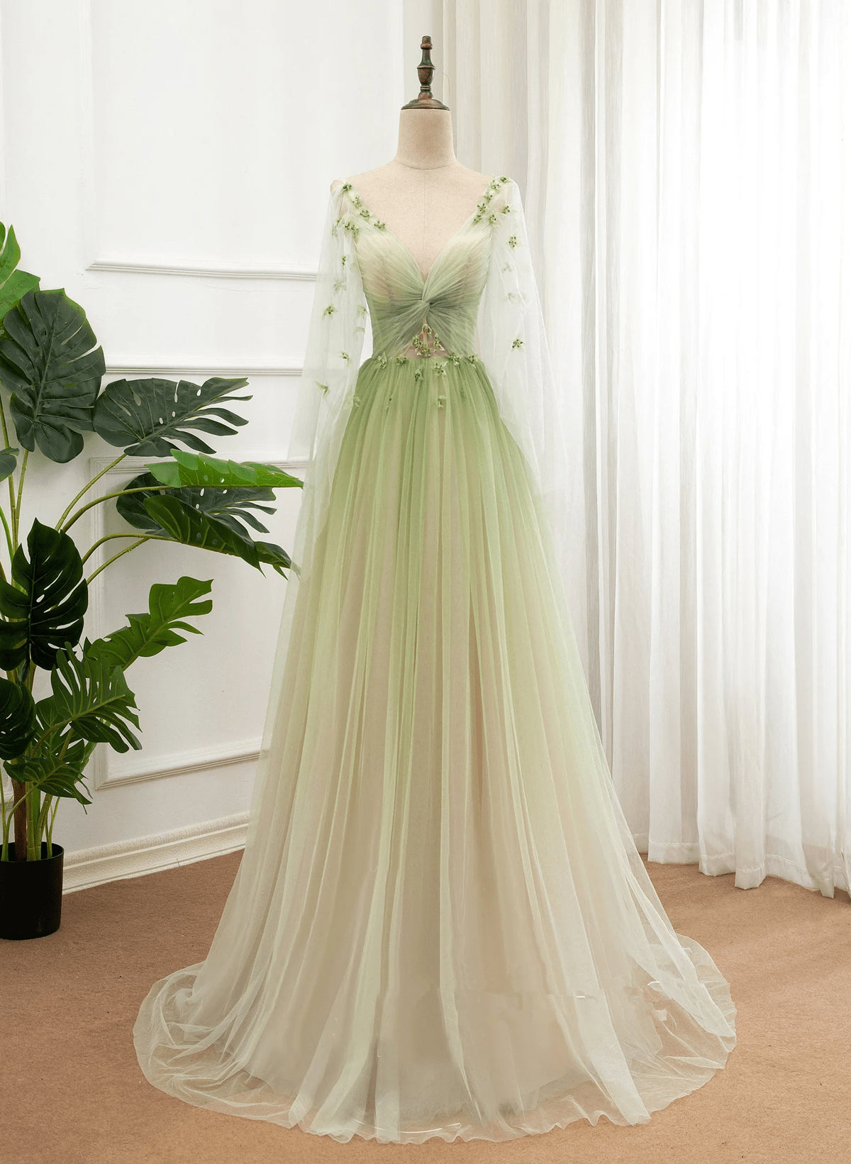 Beaira Green Tulle Gradient Long Party Dress Green Floor Length Formal Dress prom dresses stores