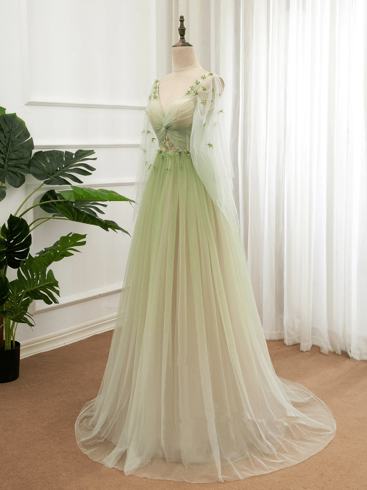 Beaira Green Tulle Gradient Long Party Dress Green Floor Length Formal Dress prom dresses stores