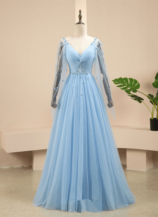 Beaira Blue Tulle V-neckline Long Sleeves Party Dress A-line Blue Prom Dress prom shop dresses