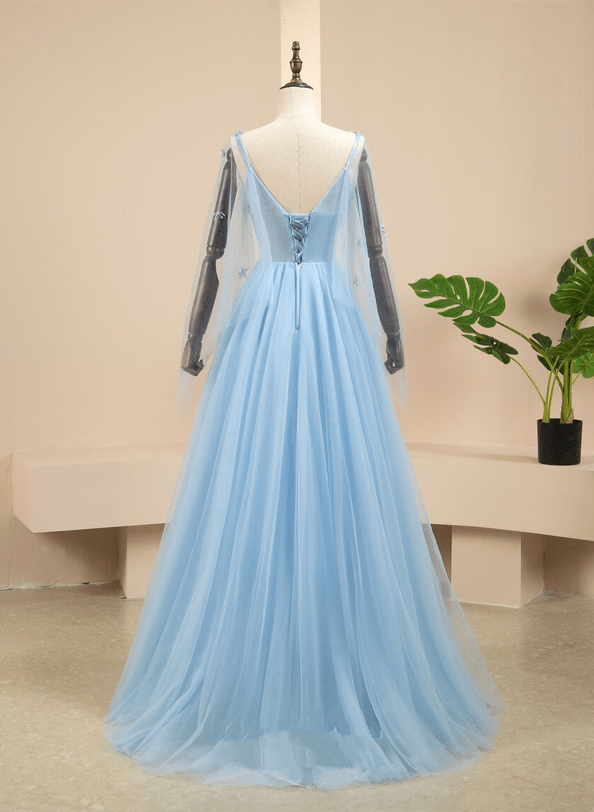 Beaira Blue Tulle V-neckline Long Sleeves Party Dress A-line Blue Prom Dress prom shop dresses