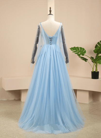 Beaira Blue Tulle V-neckline Long Sleeves Party Dress A-line Blue Prom Dress prom shop dresses