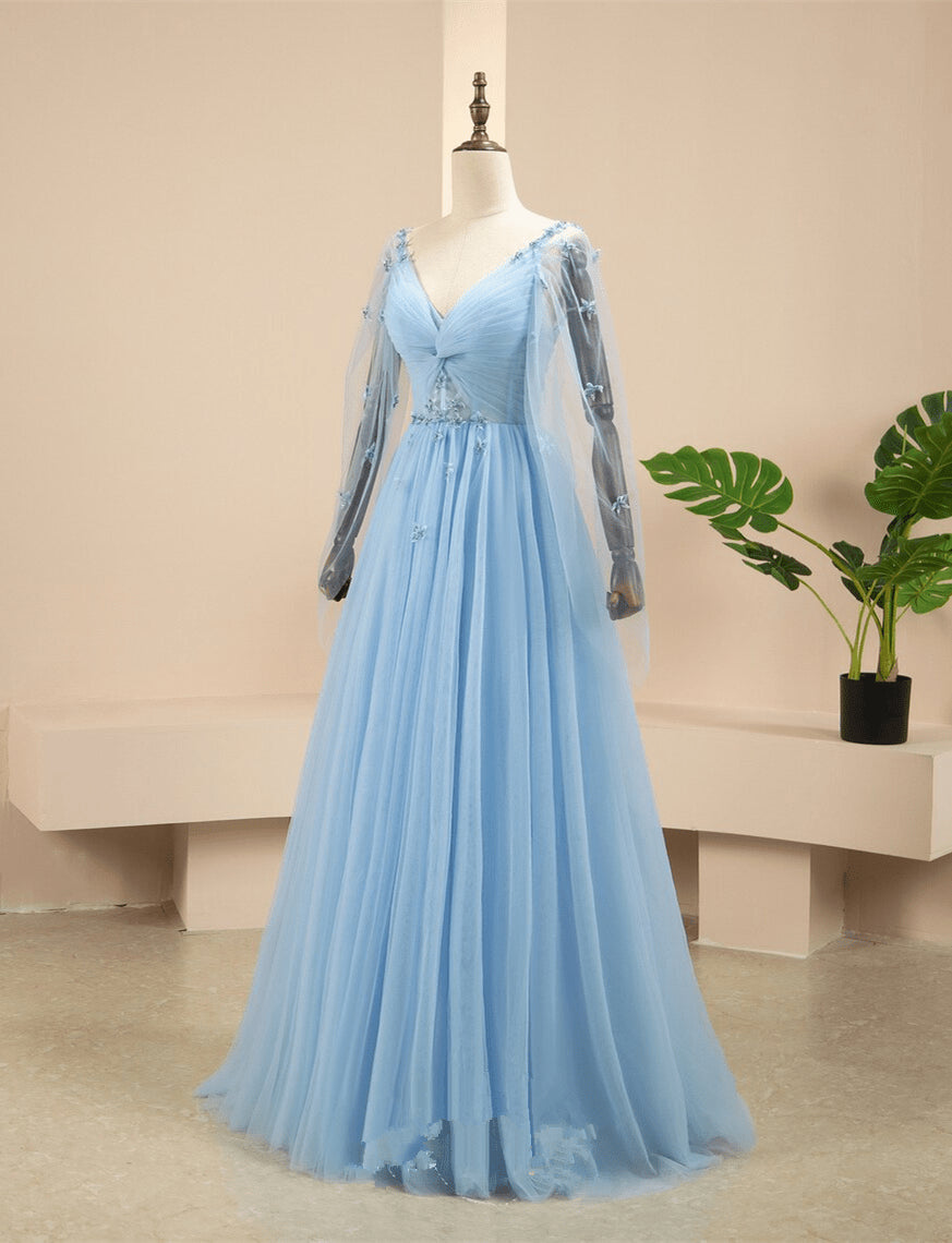 Beaira Blue Tulle V-neckline Long Sleeves Party Dress A-line Blue Prom Dress prom shop dresses