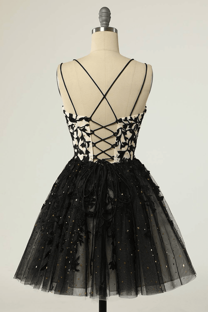 Beaira Black Straps Tulle with Lace Short Party Dress Black Homecoming Dress prom shop dresses