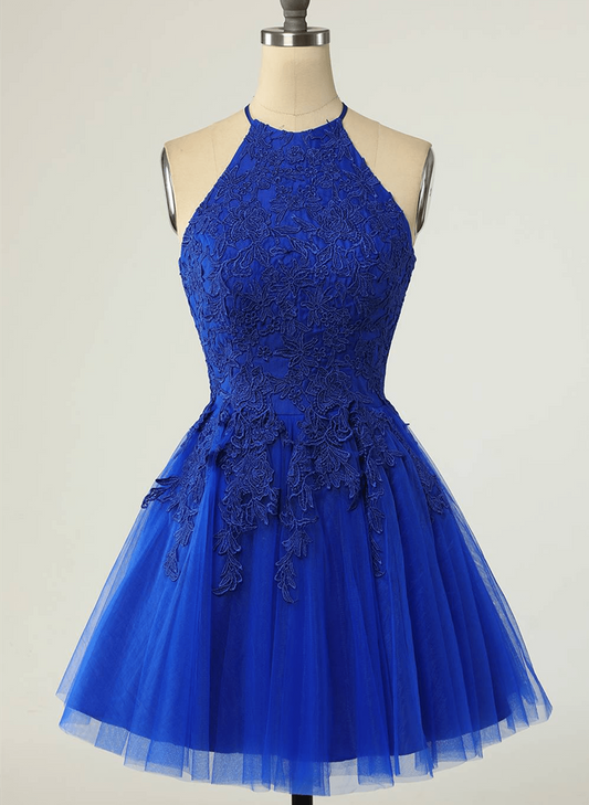 Beaira Royal Blue Halter Tulle With Lace Short Party Dress Royal Blue Homecoming Dress prom shop dresses