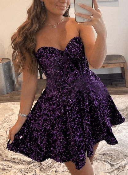 Beaira Purple Sequins Sweetheart Short Party Dress Purple Homecoming Dress prom dresses stores