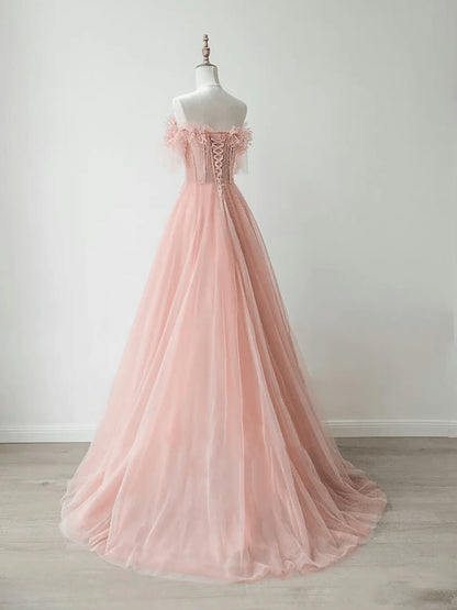 Beaira Pretty Light Pink Tulle Off Shoulder Party Dress Pink Tulle Formal Dress prom dresses stores