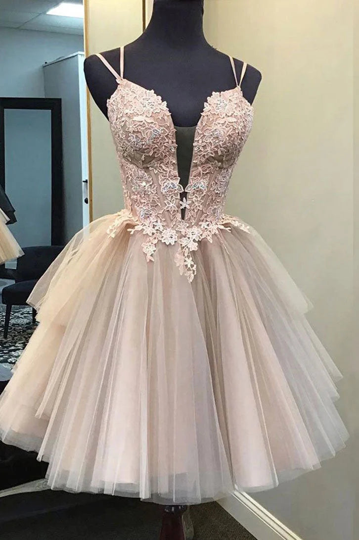 Beaira Pink Tulle with Lace Beaded Short Party Dress Pink Tulle Homecoming Dresses prom dresses stores