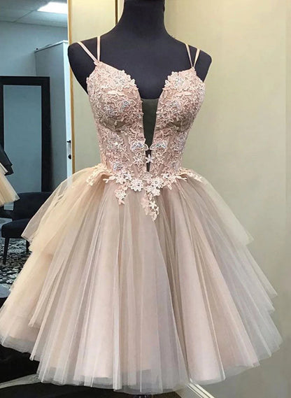 Beaira Pink Tulle with Lace Beaded Short Party Dress Pink Tulle Homecoming Dresses prom dresses stores