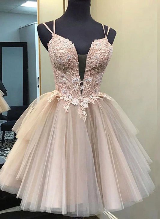 Beaira Pink Tulle with Lace Beaded Short Party Dress Pink Tulle Homecoming Dresses prom dresses stores