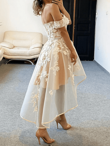 Beaira Light Champagne High Low Tulle Party Dress High Low Lace Applique Homecoming Dress prom dresses stores