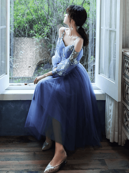 Beaira Blue Short Tulle with Lace Homecoming Dress Blue Puffy Sleeves Prom Dress prom dresses stores