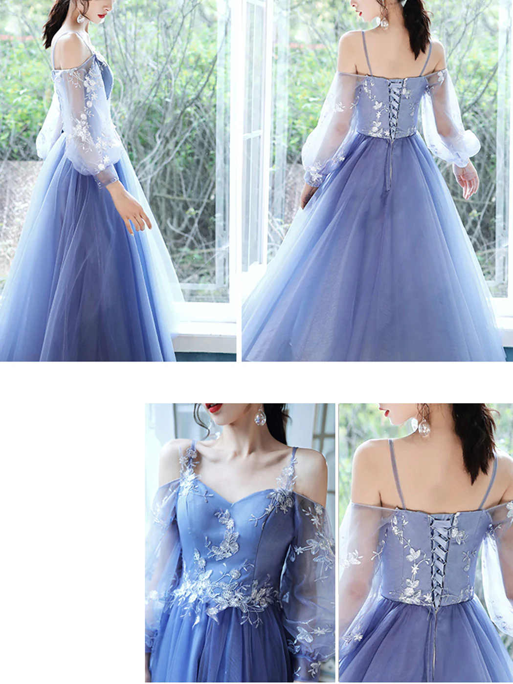 Beaira Blue Short Tulle with Lace Homecoming Dress Blue Puffy Sleeves Prom Dress prom dresses stores