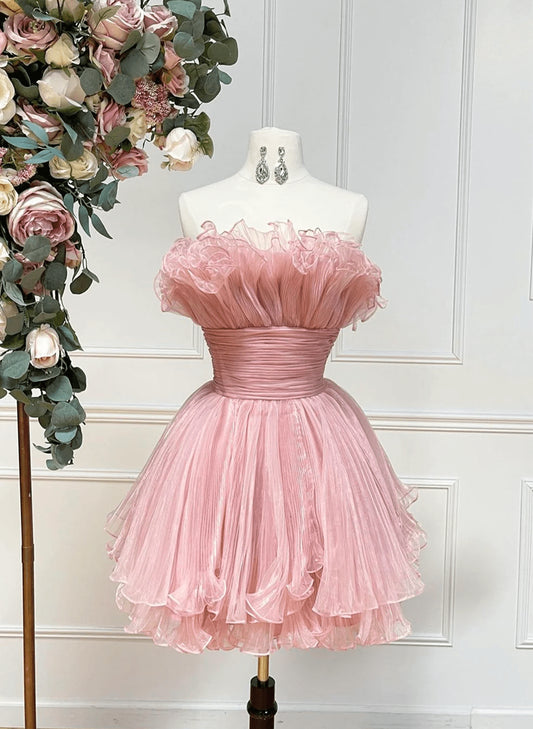 Beaira Cute Pink Strapless Tulle Short Prom Dress Pink A-Line Homecoming Dress prom shop dresses