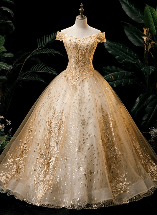 Beaira Off Shoulder Gold Ball Gown Tulle with Lace Applique Prom Dress Gold Sweet 16 Dress long sleeve long dresses prom