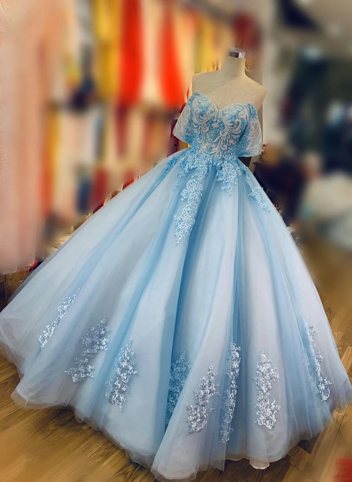 Beaira Blue Ball Gown Off Shoulder with Lace Applique Sweet 16 Dress Blue Long Prom Dress prom dresses with long sleeves