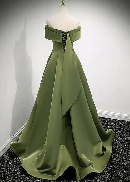 Beaira Green Off Shoulder Satin A-line Prom Dress Green Simple Long Formal Dress prom dresses with long sleeves