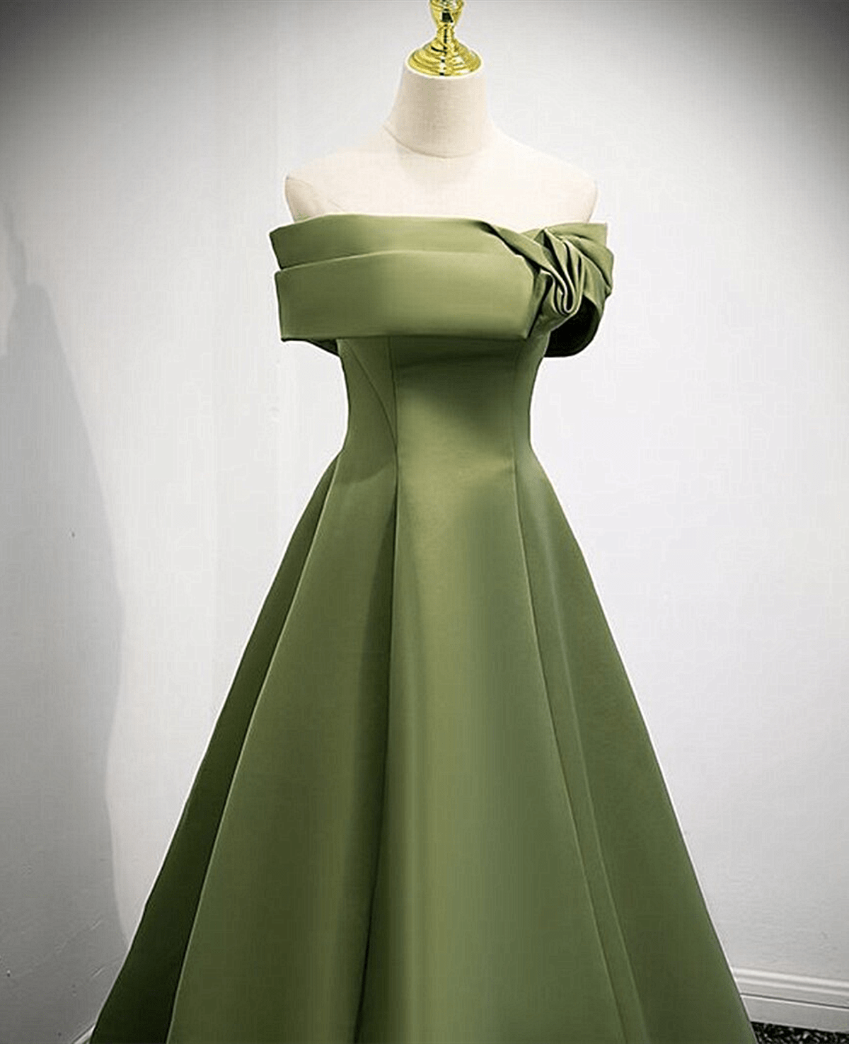 Beaira Green Off Shoulder Satin A-line Prom Dress Green Simple Long Formal Dress prom dresses with long sleeves