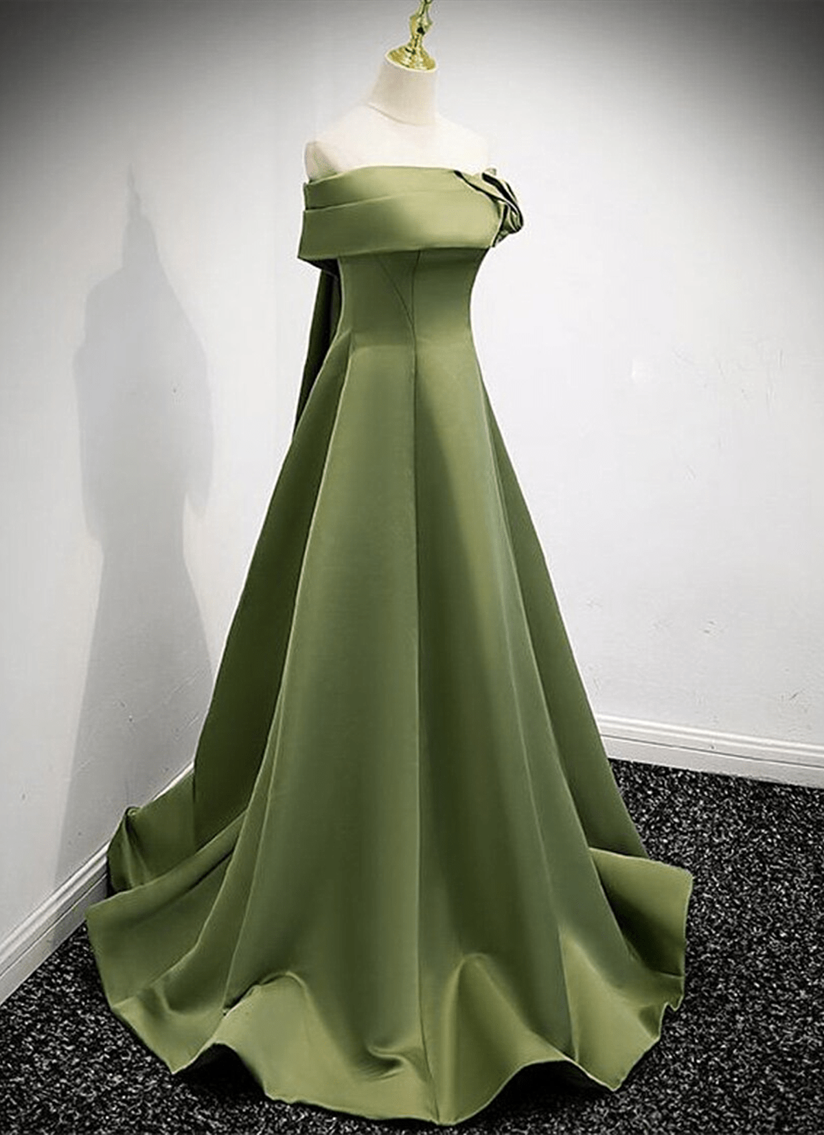 Beaira Green Off Shoulder Satin A-line Prom Dress Green Simple Long Formal Dress prom dresses with long sleeves