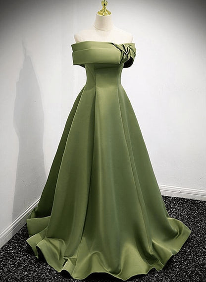 Beaira Green Off Shoulder Satin A-line Prom Dress Green Simple Long Formal Dress prom dresses with long sleeves