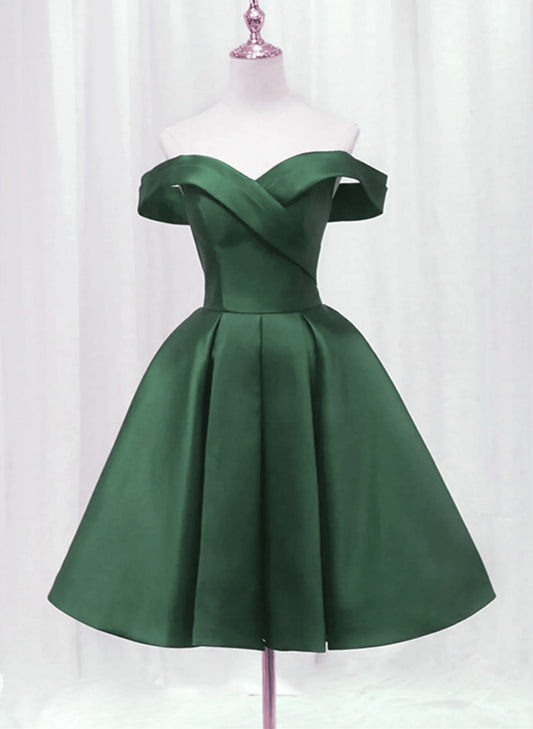 Beaira Green Off Shoulder Satin Knee Length Party Dress Green Homecoming Dress prom dresses with long sleeves