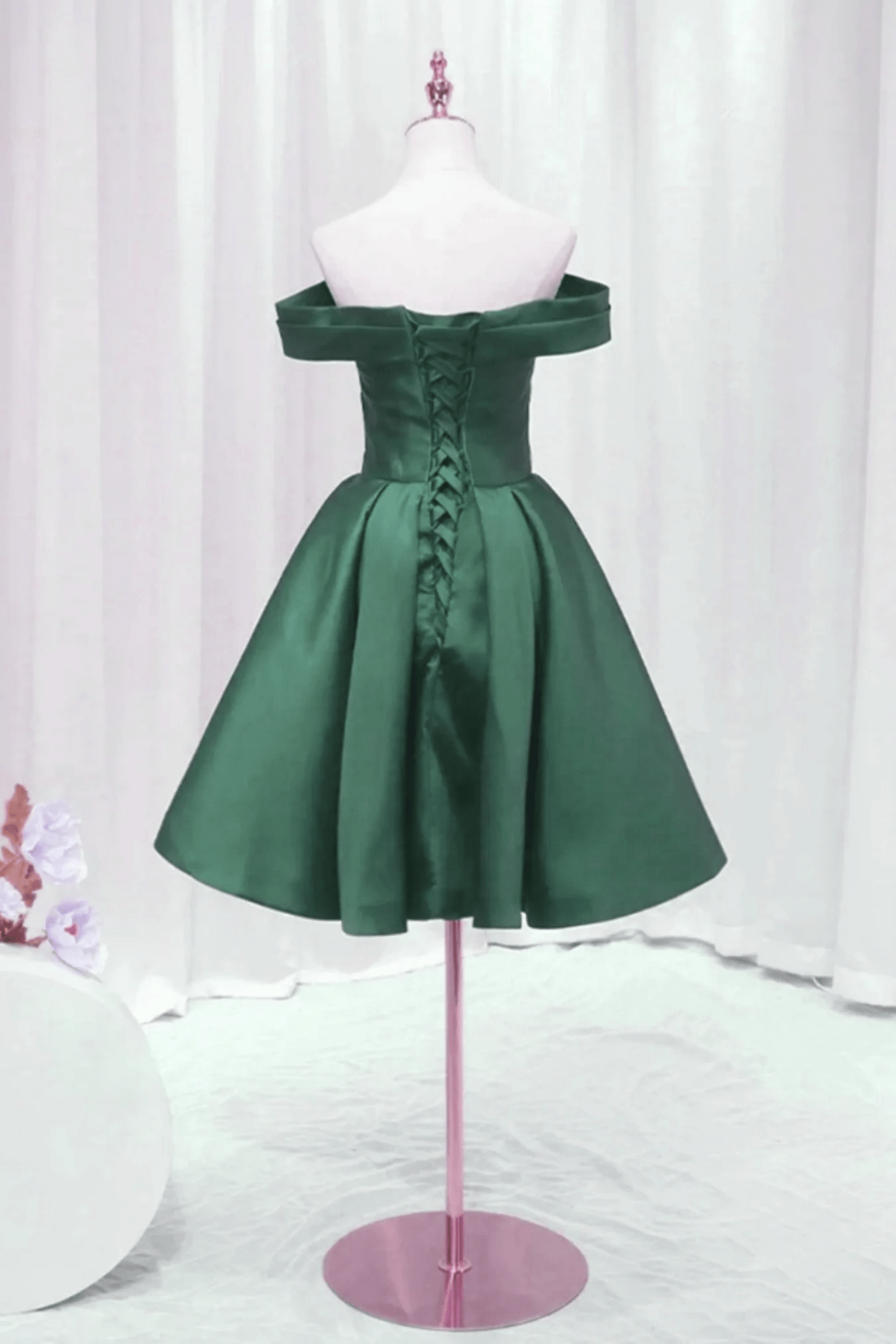 Beaira Green Off Shoulder Satin Knee Length Party Dress Green Homecoming Dress prom dresses with long sleeves