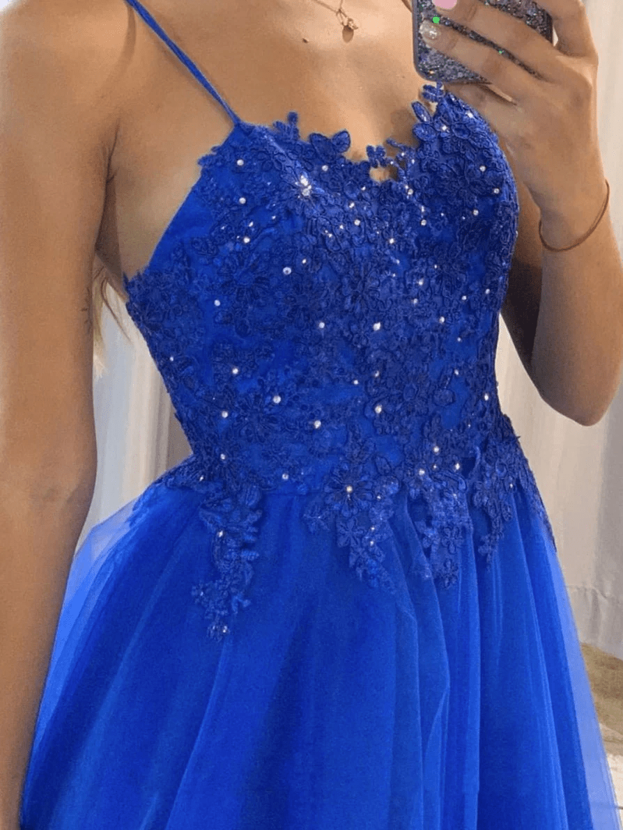 Beaira Royal Blue Straps Beaded Tulle Long Formal Dress Royal Blue Long Party Dress prom dresses with long sleeves