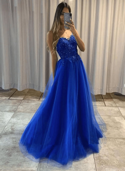 Beaira Royal Blue Straps Beaded Tulle Long Formal Dress Royal Blue Long Party Dress prom dresses with long sleeves