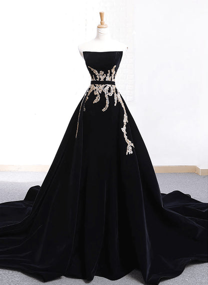 Beaira Black Velvet Scoop Long Formal Dress with Lace Black Long Party Dress prom dresses with long sleeves