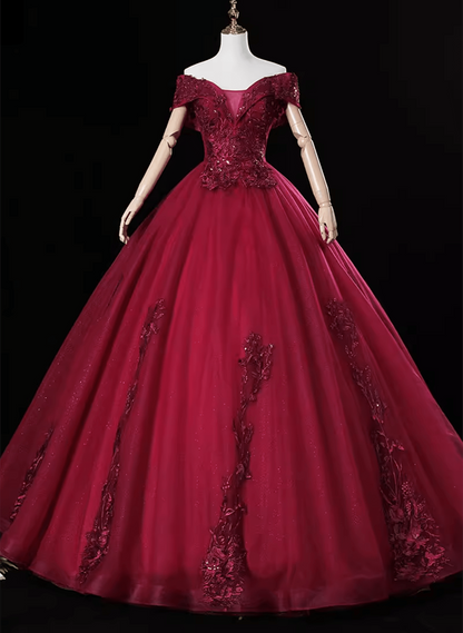 Beaira Wine Red Ball Gown Off Shoulder Sweet 16 Dress Wine Red Tulle Formal Dress prom dresses with long sleeves