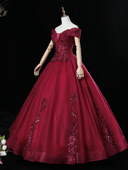 Beaira Wine Red Ball Gown Off Shoulder Sweet 16 Dress Wine Red Tulle Formal Dress prom dresses with long sleeves