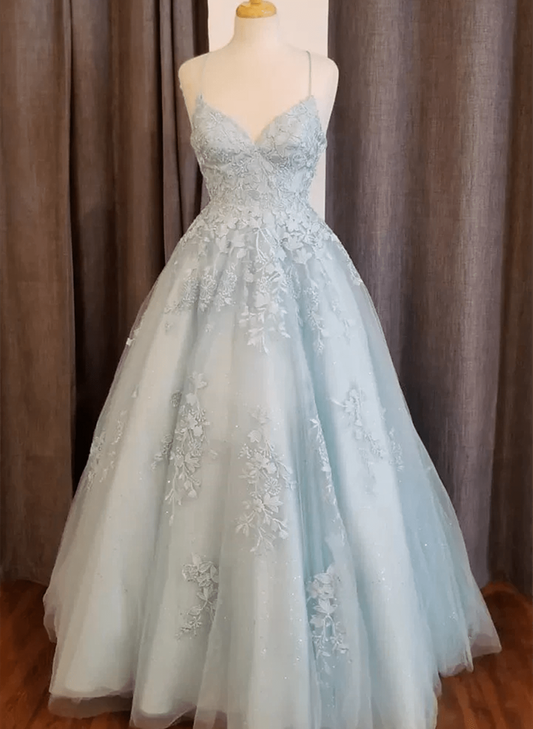 Beaira Light Blue A-line Straps Appliques Long Prom Dress Light Blue Party Dress prom dresses with long sleeves