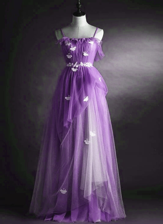 Beaira Purple Tulle Long Straps Party Dress A-line Purple Prom Dress Evening Dress prom dresses with long sleeves