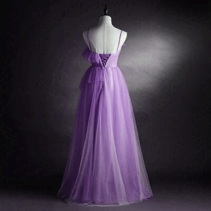 Beaira Purple Tulle Long Straps Party Dress A-line Purple Prom Dress Evening Dress prom dresses with long sleeves